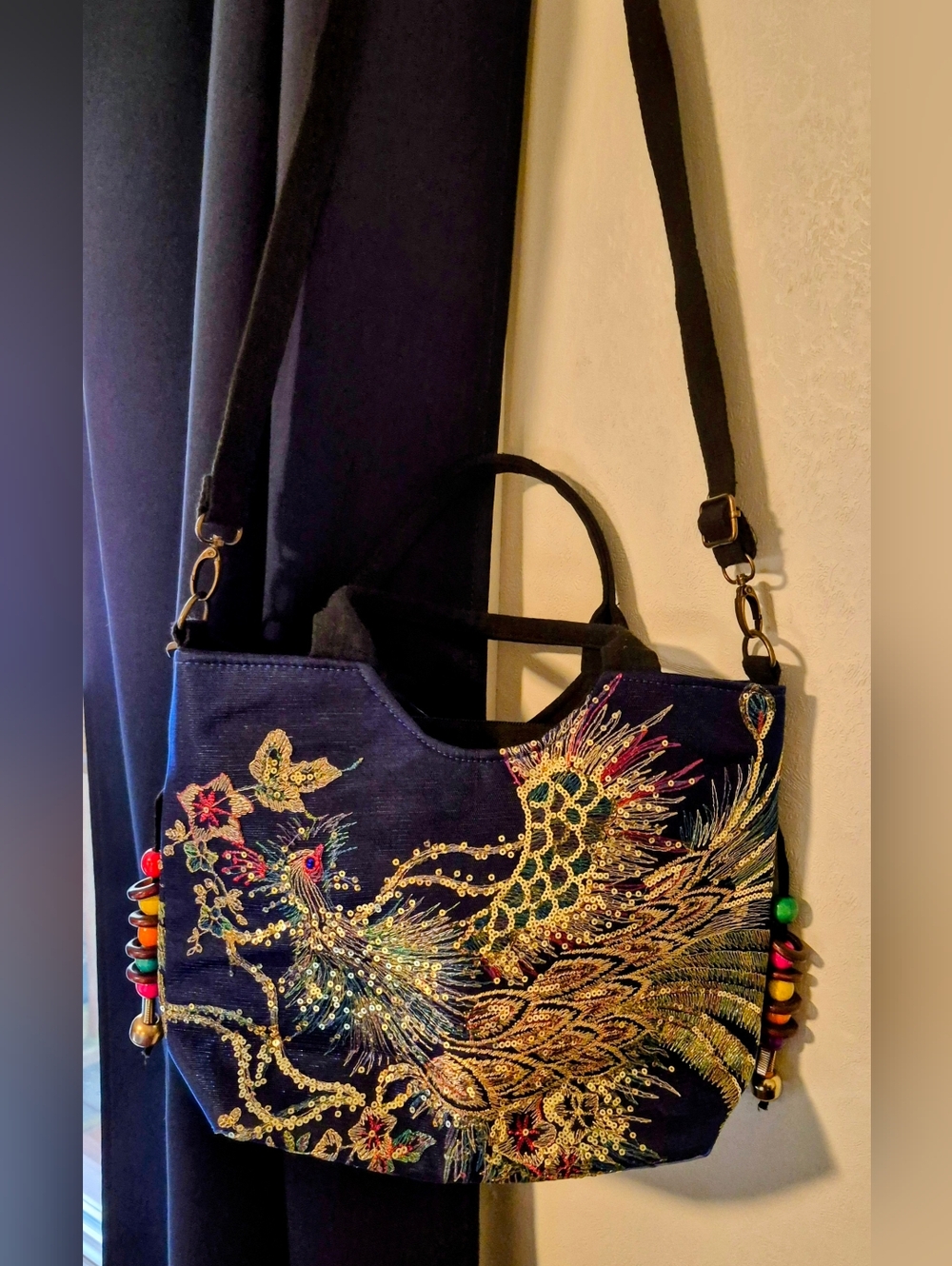 Ella And Elly Dark Blue Peacock Sequined Embroidered Tote Shoulder Bag